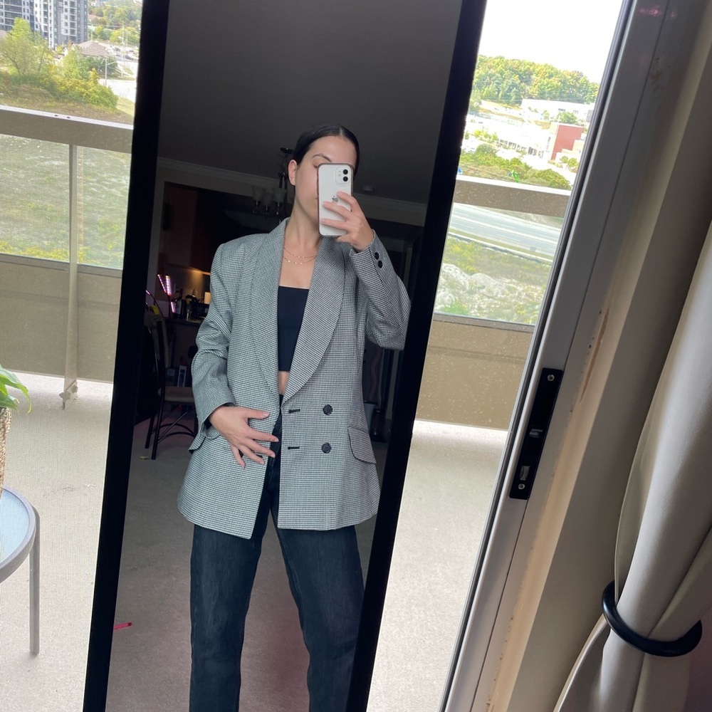 Vintage Oversized Double Breasted Blazer Black Houndstooth Size Small